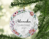 Personalised First Christmas Baby Girl Boy Initial Eucalyptus Greenery Marble Style Ceramic Round Decoration Ornament Keepsake Marble Effect - Craftellery